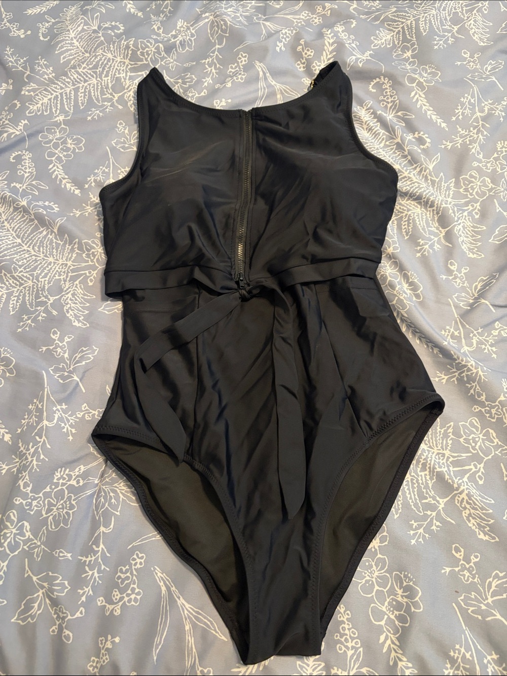 Latched Mama Black One-Piece Swimsuit with Front Zip and Waist Tie